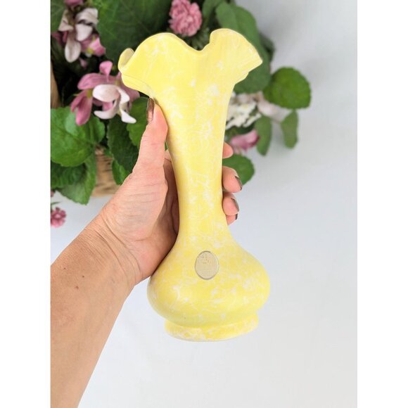 9" Yellow White Splatter Flared Rim Vase Vintage 1960s Shawnee Pottery Cameoware - Picture 3 of 10